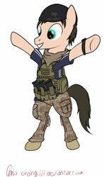 Size: 584x993 | Tagged: safe, artist:orang111, oc, oc only, pony, airsoft, beanie, bipedal, clothes, hat, lbt 6094, ponysona, self portrait, solo