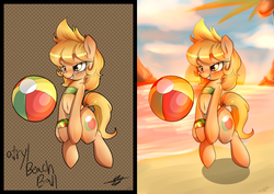 Size: 4800x3400 | Tagged: safe, artist:kyodashiro, oc, oc only, oc:beach ball, semi-anthro, bandeau, beach ball, belly, belly button, bikini, clothes, female, mare, solo, swimsuit