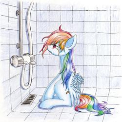 Size: 1024x1024 | Tagged: dead source, safe, artist:unousaya, rainbow dash, pony, g4, crying, female, mare, sad, shower, shower of angst, sitting, solo, traditional art, wet, wet mane