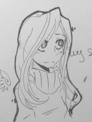 Size: 1208x1609 | Tagged: safe, artist:facerenon, fluttershy, human, g4, female, grayscale, humanized, monochrome, solo