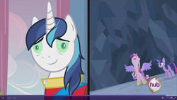 Size: 1366x768 | Tagged: safe, screencap, princess cadance, shining armor, twilight sparkle, alicorn, pony, unicorn, a canterlot wedding, g4, season 2, green eyes, hub logo, hypnotized, looking at you, this day aria, unicorn twilight