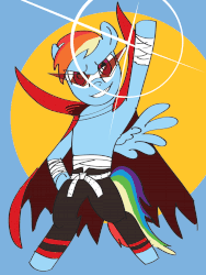 Size: 750x1000 | Tagged: safe, rainbow dash, pegasus, pony, g4, abstract background, bipedal, clothes, female, gif, mare, non-animated gif, raised hoof, simple background, solo, tengen toppa gurren lagann