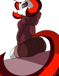 Size: 1947x2500 | Tagged: safe, artist:cynux, oc, oc only, oc:lynx, anthro, ass, butt, clothes, female, hoodie, jacket, jeans, looking at you, looking back, looking back at you, pants, short jeans, simple background, sitting, smiling, tail, white background