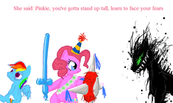 Size: 801x481 | Tagged: safe, artist:auraion, pinkie pie, rainbow dash, oc, oc:nightmare, pony, g4, balloon, bipedal, hat, party hat, piñata, shield, sword, weapon