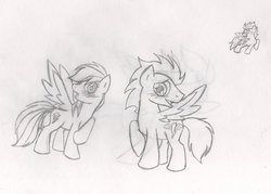 Size: 900x644 | Tagged: safe, artist:tomcolt15, rainbow dash, soarin', spitfire, g4, angry, female, jealous, male, old cutie mark, ship:soarindash, shipping, straight, traditional art