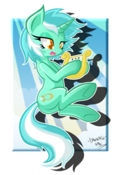 Size: 1700x2500 | Tagged: safe, artist:danmakuman, lyra heartstrings, pony, unicorn, g4, female, fourth wall, lyre, open mouth, solo, tail