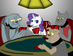 Size: 800x613 | Tagged: safe, artist:tx2, fido, rarity, rover, spot, diamond dog, pony, g4, bipedal, card, chair, cigar, dexterous hooves, fine art parody, light, pipe, playing card, poker, sitting, smoking, table