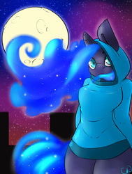 Size: 1891x2500 | Tagged: safe, artist:cynux, princess luna, anthro, g4, clothes, female, hoodie, moon, solo, space, stars