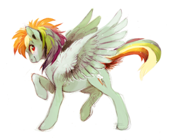 Size: 837x685 | Tagged: dead source, safe, artist:jeniak, rainbow dash, g4, detailed, female, fluffy, fluffy wings, raised hoof, simple background, smiling, solo, spread wings, white background, wings
