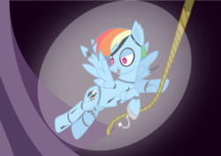 Size: 1024x724 | Tagged: safe, rainbow dash, pony, robot, robot pony, five nights at aj's, g4, animatronic, female, foxy, pirate, rope, sharp teeth, solo, spotlight, swinging