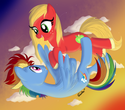 Size: 835x730 | Tagged: safe, artist:karmadash, big macintosh, rainbow dash, g4, couple, duo, falling, female, flying, macareina, maclellan, male, rainbow blitz, rainbow rush, romantic, rule 63, ship:rainbowmac, shipping, skydiving, straight