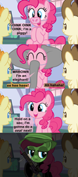 Size: 1120x2520 | Tagged: safe, artist:beavernator, artist:mihaaaa, pinkie pie, pound cake, pumpkin cake, earth pony, elephant, pegasus, pig, pony, unicorn, g4, baby, baby pony, cake twins, clothes, comic, costume, gun, m4a1, navy seal, pig nose, piggie pie, pinkiephant, pun, siblings, twins, weapon