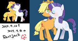 Size: 1137x599 | Tagged: safe, artist:chi-hayu, applejack, rarity, g4, comparison, female, lesbian, redraw, ship:rarijack, shipping