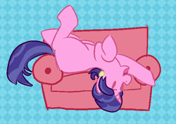 Size: 566x398 | Tagged: safe, artist:tanmansmantan, cookie crumbles, pony, unicorn, g4, couch, on back, patterned background, solo