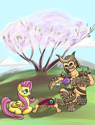 Size: 1351x1775 | Tagged: safe, artist:torifeather, fluttershy, human, g4, crossover, duo, mortal kombat, shao kahn