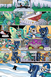 Size: 2000x3000 | Tagged: safe, artist:gray--day, idw, applejack, king sombra, princess celestia, princess luna, queen chrysalis, oc, ki'rinaes, kirin, original species, comic:of kings and changelings, g4, reflections, spoiler:comic, artemis luna, celestia and luna won't do anything productive, comic, dark mirror universe, egyptian, egyptian headdress, egyptian pony, high res, hilarious in hindsight, i can't believe it's not idw, mirror universe, ra celestia, reversalis, uselesstia