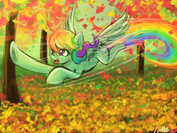 Size: 960x720 | Tagged: safe, artist:lumineko, rainbow dash, g4, autumn, female, flying, solo