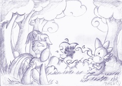 Size: 2332x1652 | Tagged: safe, artist:piterq12, spike, twilight sparkle, g4, fire, forest, sketch, traditional art, wince