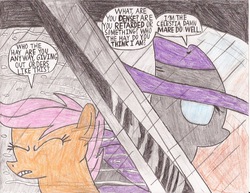Size: 825x637 | Tagged: safe, artist:bronyhaterslayer, mare do well, scootaloo, g4, the mysterious mare do well, all-star batman and robin, batman, parody, traditional art