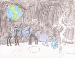 Size: 825x637 | Tagged: dead source, safe, artist:bronyhaterslayer, discord, nightmare moon, queen chrysalis, trixie, alicorn, changeling, changeling queen, draconequus, unicorn, g4, horn, traditional art