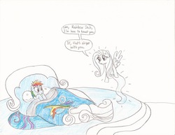 Size: 825x637 | Tagged: safe, artist:bronyhaterslayer, fluttershy, rainbow dash, ghost, ghost pony, g4, bed, flutterghost, sleeping, traditional art