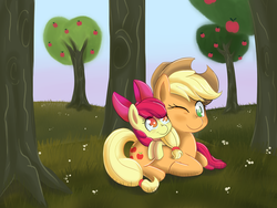 Size: 2000x1500 | Tagged: safe, artist:scarletts-fever, apple bloom, applejack, earth pony, pony, g4, apple, apple sisters, apple tree, cute, duo, duo female, female, food, one eye closed, orchard, prone, siblings, sisters, smiling, tree, wink