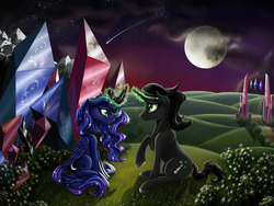 Size: 1600x1200 | Tagged: safe, artist:nalesia, king sombra, princess luna, fanfic:before the dawn, g4, blushing, crystal, fanfic art, fanfic cover, female, magic, male, raised hoof, ship:lumbra, shipping, shooting star, sitting, sombra's cutie mark, straight