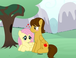 Size: 1976x1523 | Tagged: safe, artist:bloodyokami, fluttershy, oc, g4, canon x oc, shipping, tree