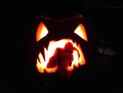 Size: 960x720 | Tagged: safe, artist:bloodyokami, pinkie pie, g4, carving, halloween, holiday, jack-o-lantern, pumpkin