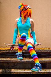 Size: 1357x2048 | Tagged: dead source, safe, artist:stunnerstatus, rainbow dash, human, g4, clothes, cosplay, goggles, irl, irl human, photo, rainbow socks, skateboard, socks, striped socks