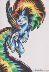 Size: 2066x3000 | Tagged: safe, artist:neoncel, rainbow dash, g4, female, flying, high res, rainbow power, smiling, solo, traditional art