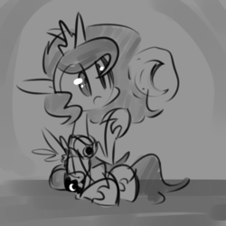 Size: 1280x1280 | Tagged: safe, artist:jankrys00, princess luna, alicorn, pony, lunadoodle, g4, female, monochrome, sitting, sketch, solo