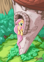 Size: 955x1351 | Tagged: safe, artist:mysticalpha, fluttershy, pegasus, pony, g4, bush, cliff, female, forest, impossibly long tail, long tail, mare, rapunzel, solo, tail extensions, tower, tree