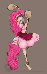 Size: 1244x1954 | Tagged: safe, artist:phantasmicdream, pinkie pie, human, g4, anklet, balancing, barefoot, feet, female, gypsy pie, humanized, looking at you, midriff, musical instrument, open mouth, romani, smiling, solo, tambourine