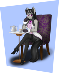 Size: 1831x2255 | Tagged: safe, artist:zzvinniezz, octavia melody, anthro, breasts, busty octavia melody, chair, clothes, female, gloves, high heels, pantyhose, sexy, skirt, solo, stockings, stupid sexy octavia, table, tea, teacup, teapot, upskirt