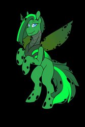 Size: 853x1280 | Tagged: safe, artist:rozga, oc, oc only, oc:jade aurora, changeling, badge, female, green changeling, hole, holes, smug, solo, wings