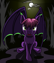 Size: 1327x1536 | Tagged: safe, artist:exedrus, oc, oc only, bat pony, pony, dark, looking at you, moon, night, sitting, solo, spooky, spread wings, tree