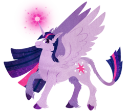 Size: 925x813 | Tagged: safe, artist:keetah-spacecat, twilight sparkle, alicorn, pony, g4, female, fluffy, jaw fluff, leonine tail, looking at you, mare, solo, spread wings, twilight sparkle (alicorn), unshorn fetlocks, wings