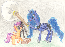 Size: 1628x1188 | Tagged: safe, princess luna, scootaloo, g4, astronomy, mare in the moon, moon, night, sky, stargazing, teaching, telescope, traditional art