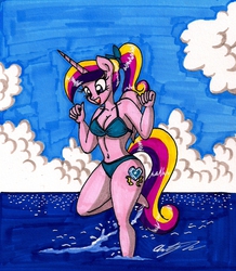Size: 1274x1464 | Tagged: safe, artist:newyorkx3, princess cadance, anthro, g4, belly button, bikini, breasts, cleavage, clothes, female, ocean, solo, swimsuit, teen princess cadance, traditional art