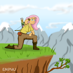 Size: 1000x1000 | Tagged: safe, artist:empyu, fluttershy, human, g4, arrow, bow (weapon), cliff, female, humanized, quiver, solo