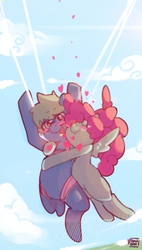 Size: 1652x2912 | Tagged: safe, artist:naughtydoodles, oc, oc only, oc:software patch, oc:windcatcher, pony, duo, flying, heart, hug, parachute, skydiving, windpatch