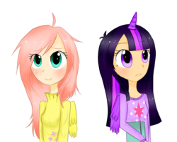 Size: 1280x1024 | Tagged: safe, artist:hatsunehimeko, fluttershy, twilight sparkle, human, g4, duo, horn, horned humanization, humanized, twilight sparkle (alicorn), winged humanization