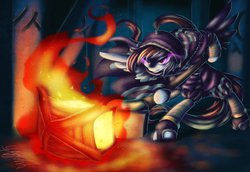 Size: 1024x706 | Tagged: safe, artist:midnameowfries, rainbow dash, pegasus, pony, semi-anthro, g4, bipedal, clothes, crossover, female, fire, jax (league of legends), lamp, league of legends, mare, signature, solo