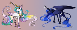 Size: 1024x402 | Tagged: dead source, safe, artist:probablyfakeblonde, princess celestia, princess luna, alicorn, classical unicorn, pony, g4, bedroom eyes, bored, cloven hooves, floppy ears, fluffy, frown, gradient background, gritted teeth, horn, horn jewelry, jewelry, leonine tail, long mane, looking at you, open mouth, raised hoof, raised leg, realistic horse legs, spread wings, unshorn fetlocks