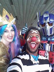 Size: 480x640 | Tagged: safe, princess celestia, human, g4, buggy the clown, convention, cosplay, crossover, hasbro, irl, irl human, one piece, optimus prime, photo, selfie, transformers