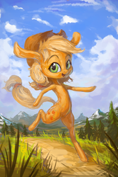 Size: 600x900 | Tagged: safe, artist:assasinmonkey, applejack, earth pony, pony, g4, bipedal, female, happy, long ears, running, solo, what has science done