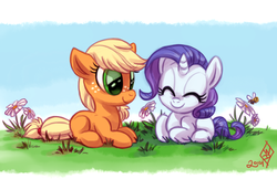 Size: 1200x825 | Tagged: safe, artist:whitediamonds, applejack, rarity, bee, earth pony, pony, unicorn, rarijack daily, g4, cute, duo, eyes closed, female, filly, filly applejack, filly rarity, flower, foal, freckles, grass, jackabetes, lesbian, raribetes, ship:rarijack, shipping, smiling, tumblr, younger