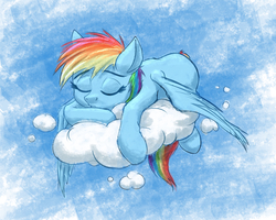 Size: 2000x1600 | Tagged: safe, artist:mykegreywolf, rainbow dash, g4, 30 minute art challenge, cloud, female, filly, filly rainbow dash, sleeping, solo