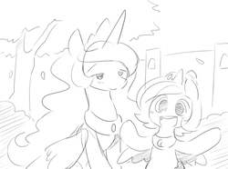 Size: 750x559 | Tagged: safe, artist:ende26, princess celestia, princess luna, g4, cute, filly, happy, monochrome, open mouth, sketch, tumblr, woona, woona knight